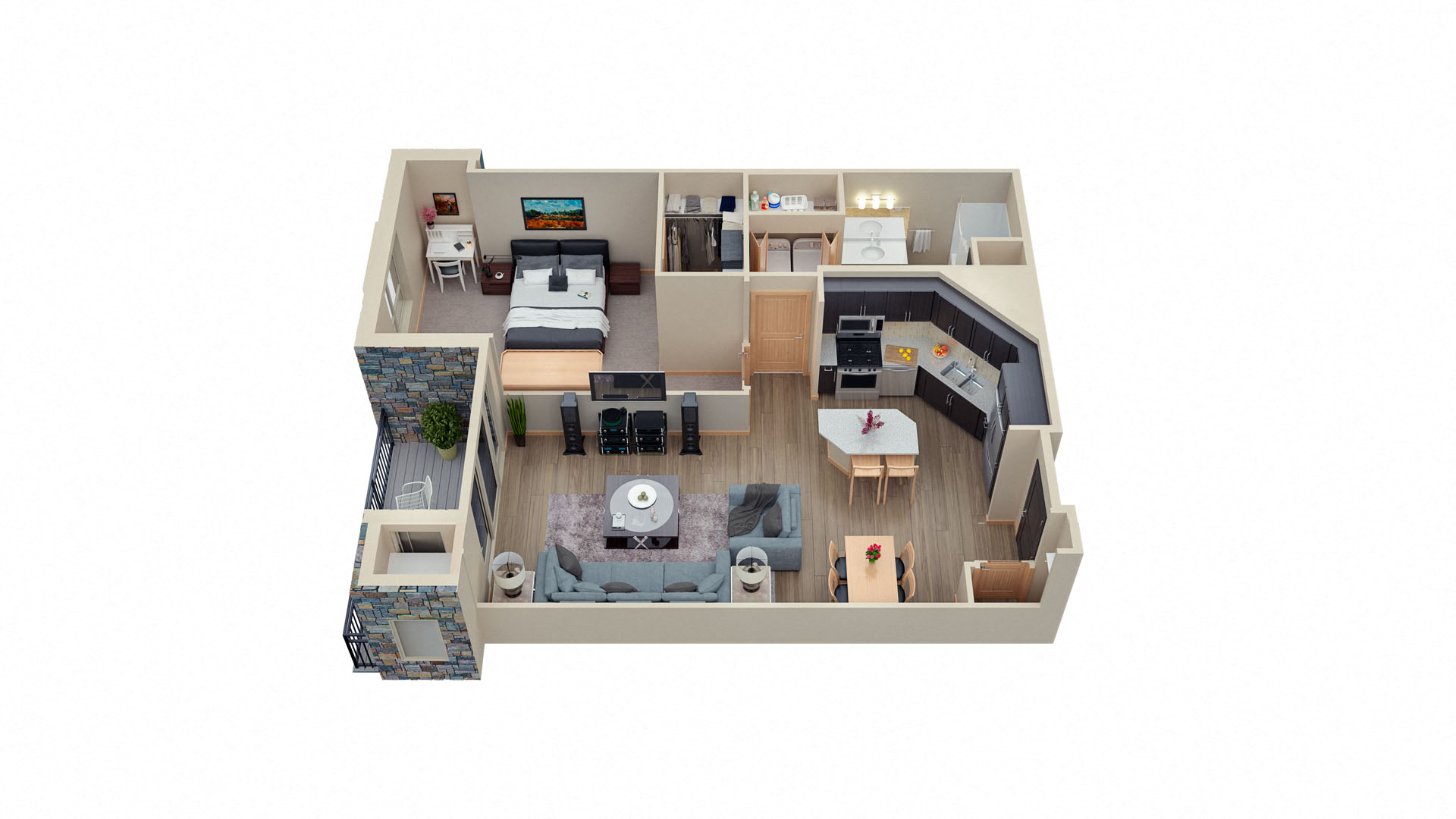 Floor plan for 1 bed, 1 bath, 861 sqft