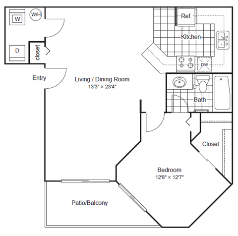 Floor plan for 1 bed, 1 bath, 765 sqft