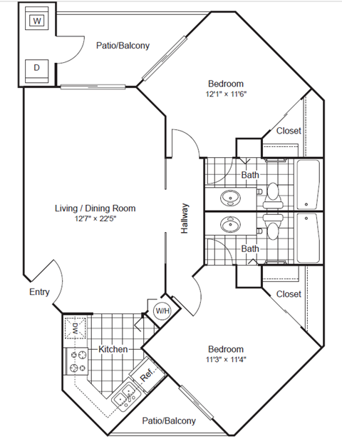 Floor plan for 2 beds, 2 baths, 1006 sqft