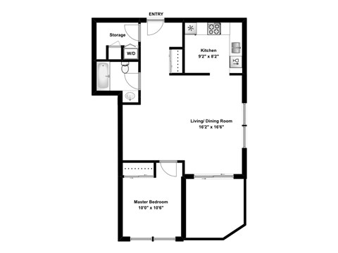 Floor plan for 1 bed, 1 bath, 950 sqft