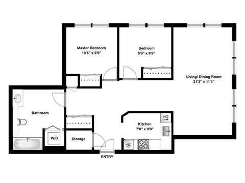 Floor plan for 2 beds, 1 bath