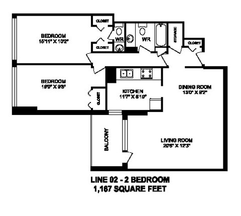 Floor plan for 2 beds, 2 baths, 1167 sqft