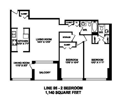 Floor plan for 2 beds, 2 baths, 1172 sqft