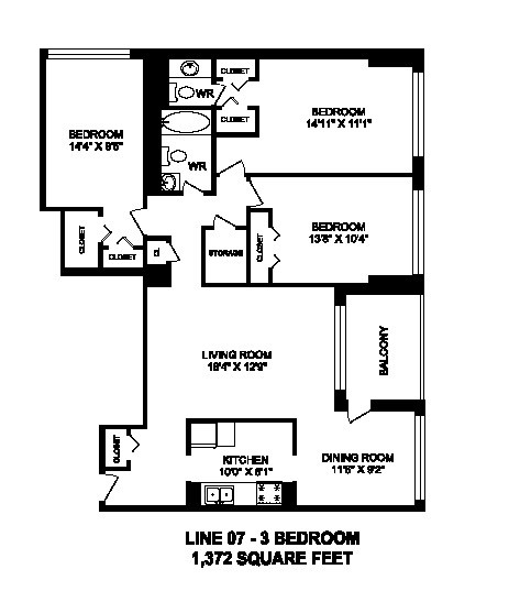 Floor plan for 3 beds, 2 baths, 1372 sqft