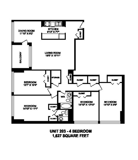 Floor plan for 4 beds, 2 baths, 1627 sqft