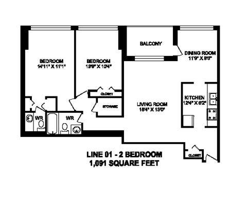 Floor plan for 2 beds, 2 baths, 1091 sqft