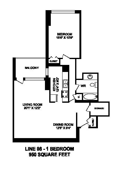 Floor plan for 1 bed, 1 bath, 950 sqft