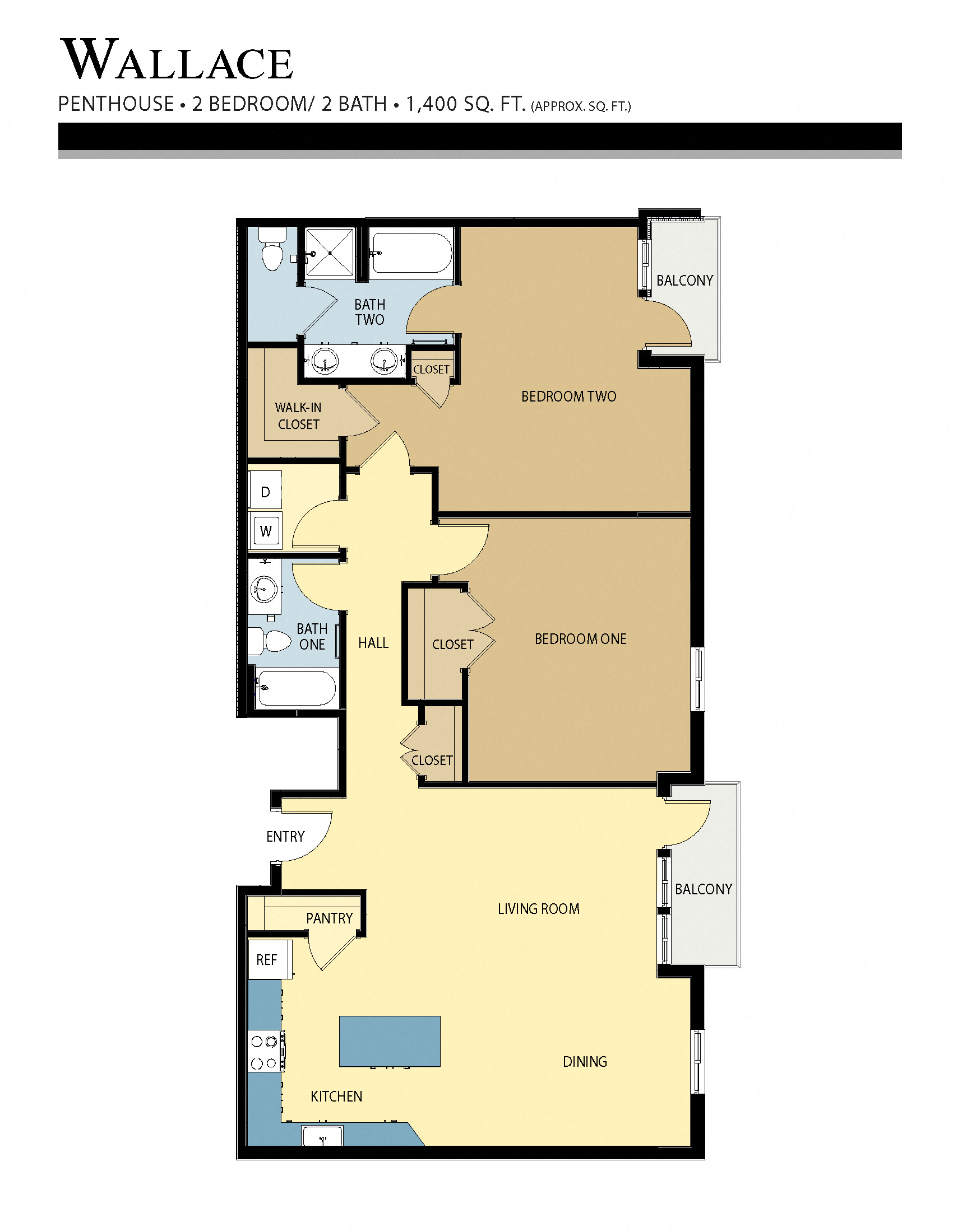 Floor plan for 2 beds, 2 baths, 1400 sqft
