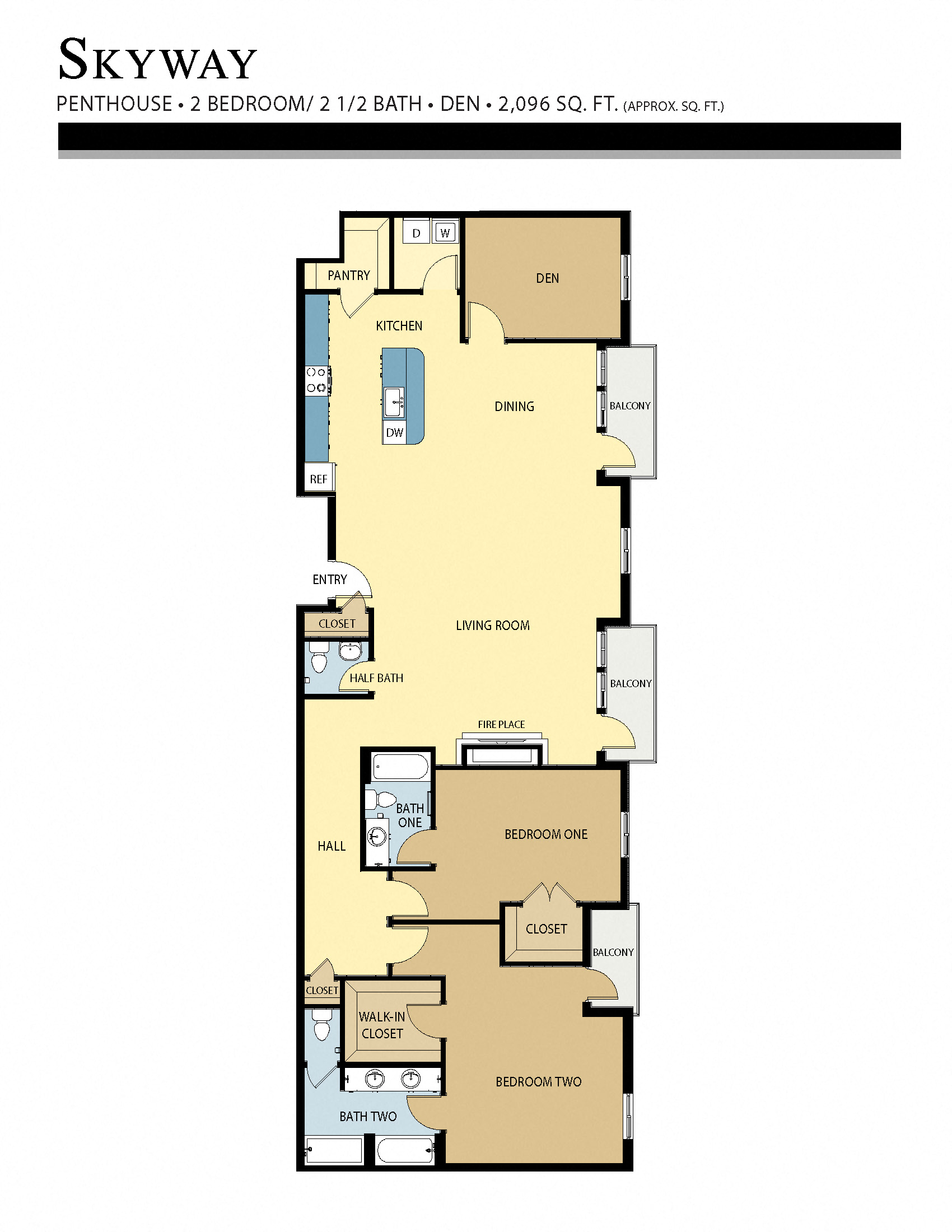 Floor plan for 2 beds, 2.5 baths, 2096 sqft