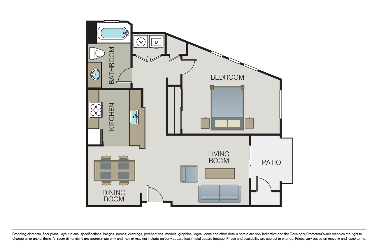 Floor plan for 1 bed, 1 bath, 997 sqft