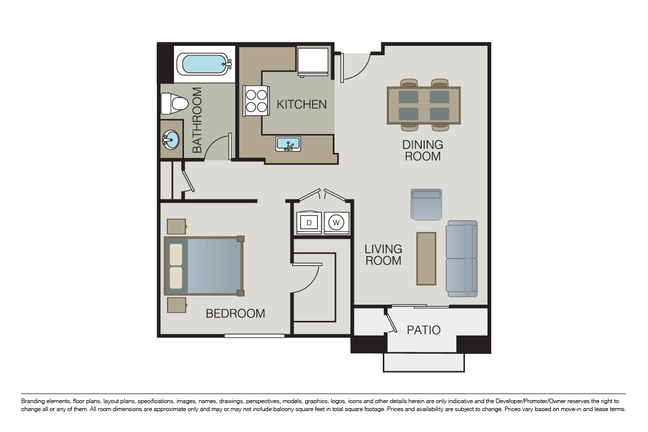 Floor plan for 1 bed, 1 bath, 1283 sqft