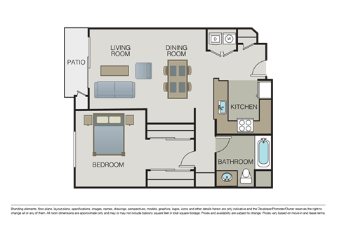 Floor plan for 1 bed, 1 bath, 970 sqft