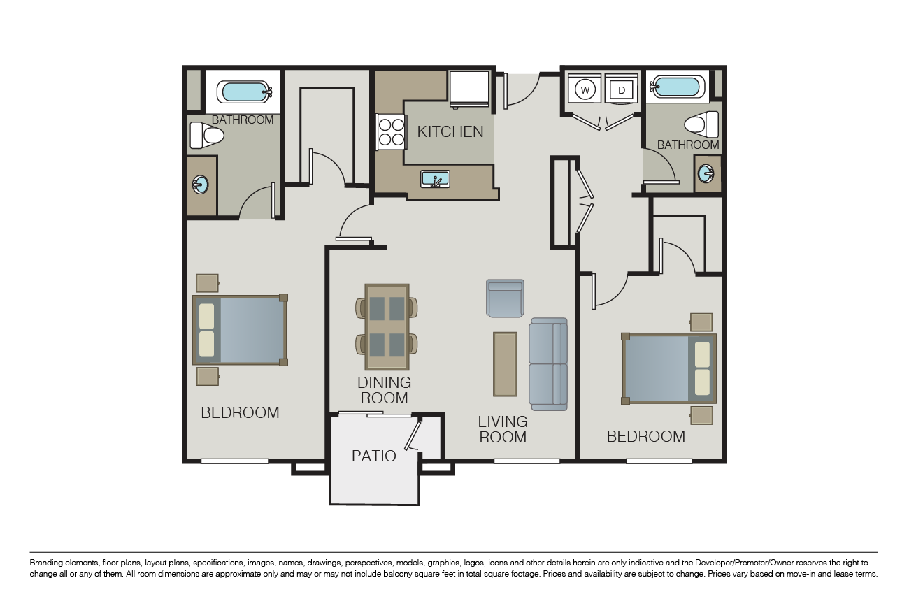 Floor plan for 2 beds, 2 baths, 1345 sqft