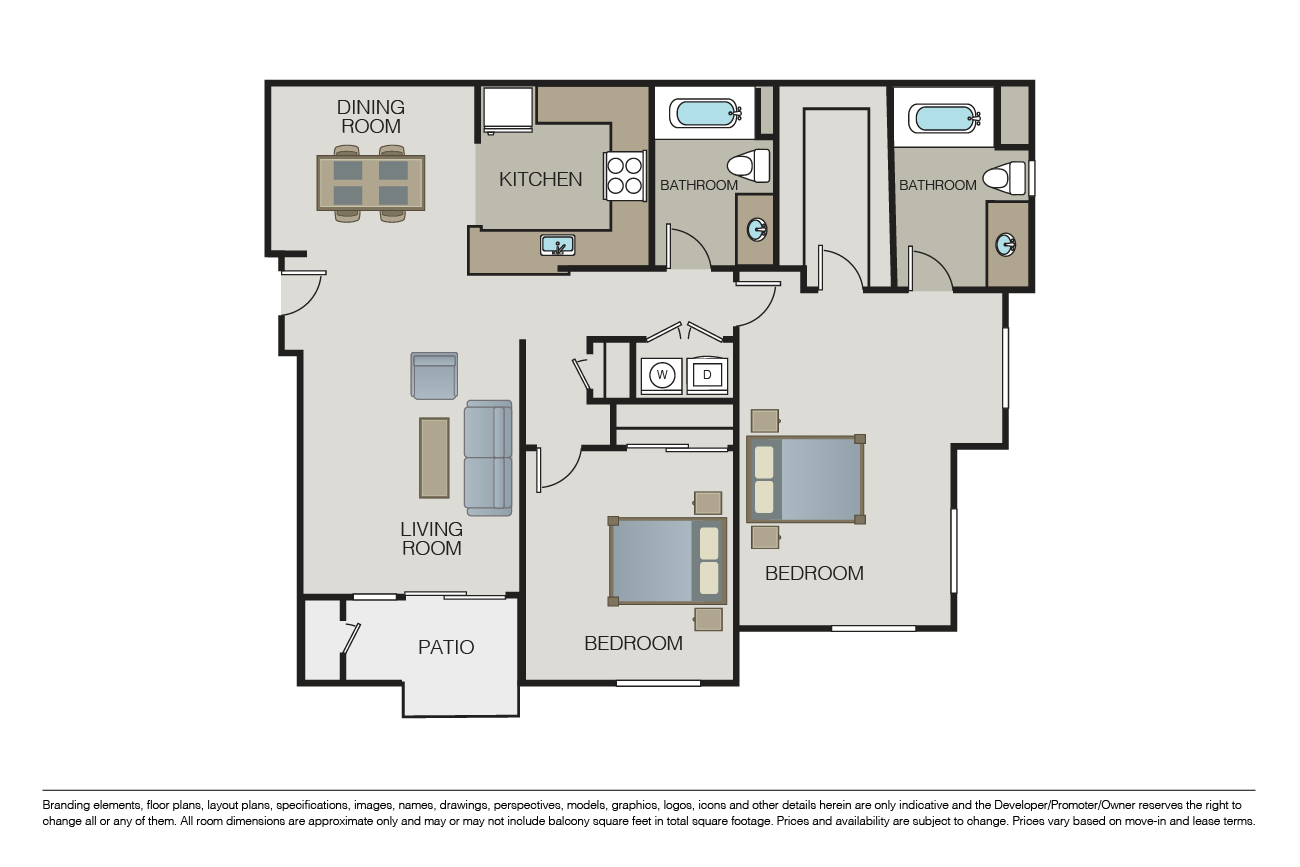 Floor plan for 2 beds, 2 baths, 1251 sqft