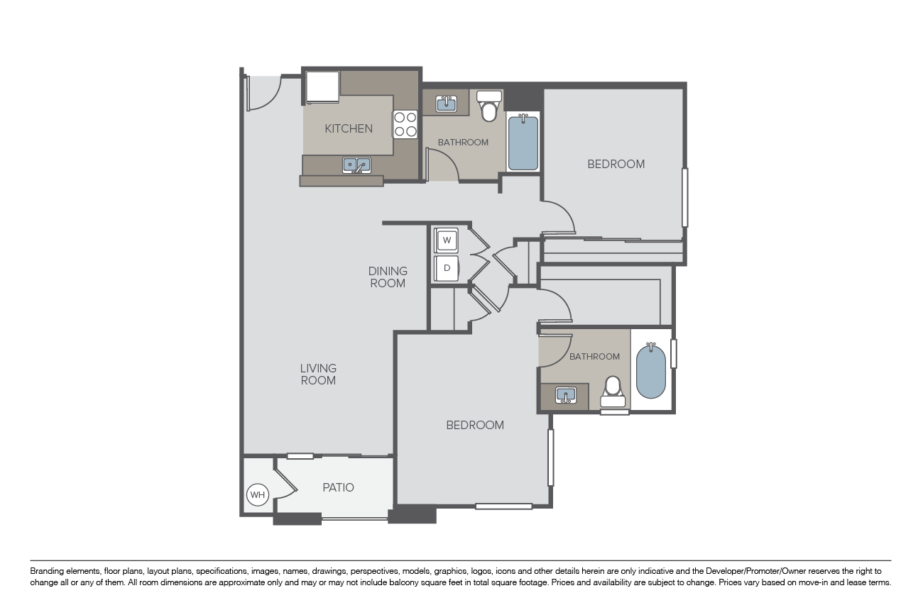 Floor plan for 2 beds, 2 baths, 1333 sqft