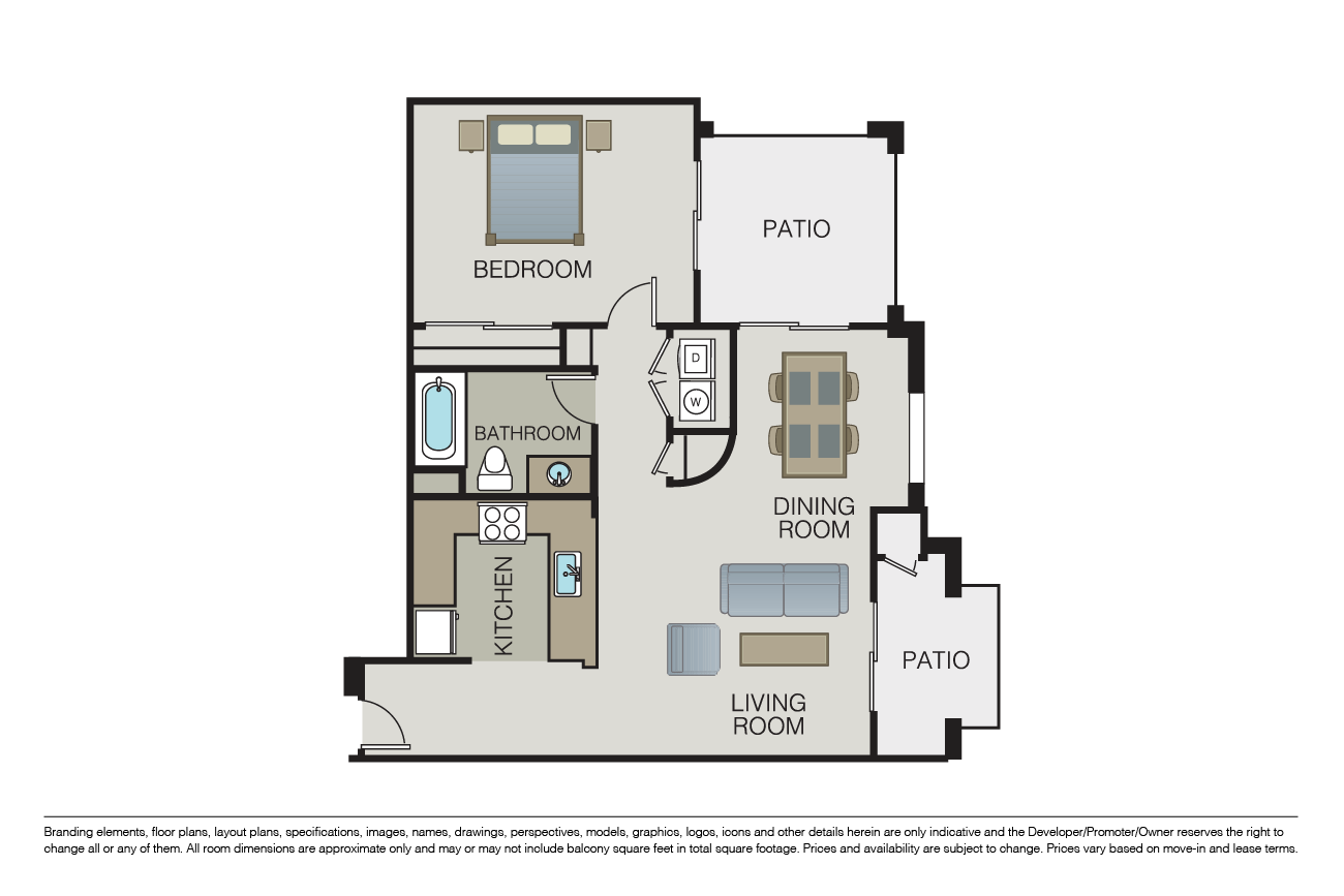 Floor plan for 1 bed, 1 bath, 1024 sqft