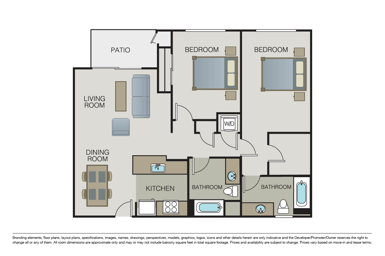 Floor plan for 2 beds, 2 baths, 1184 sqft