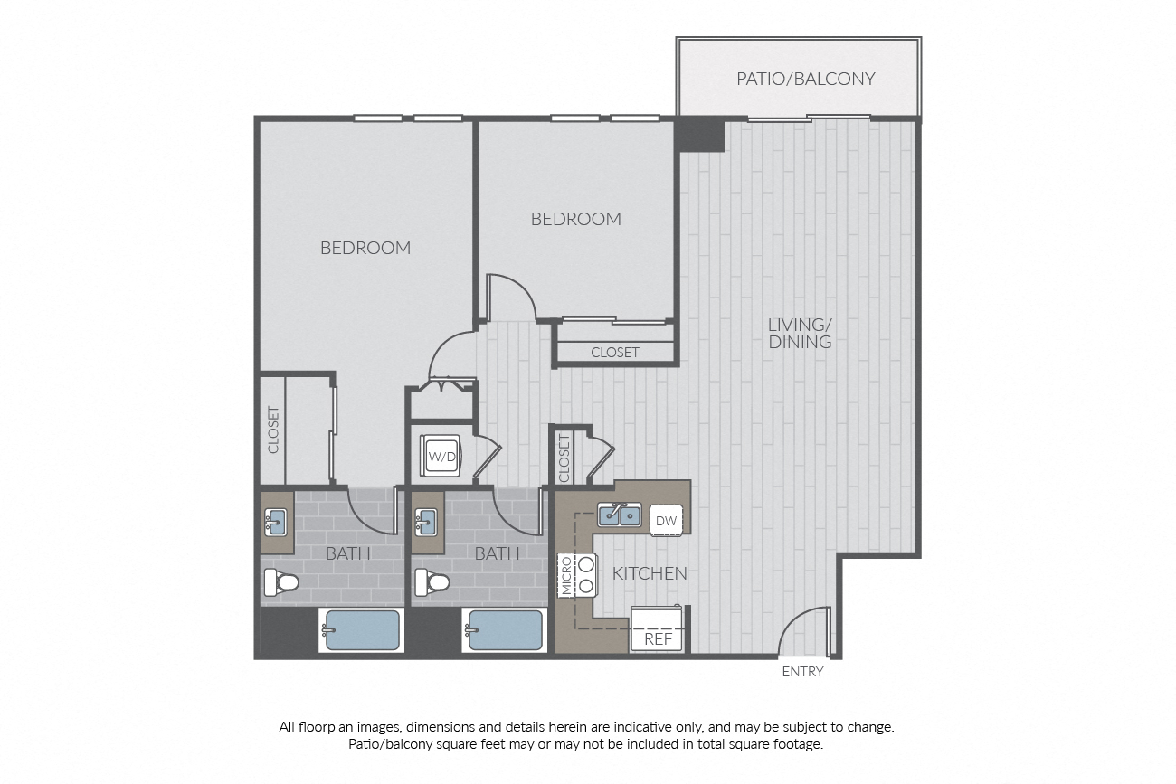 Floor plan for 2 beds, 2 baths, 1097 sqft