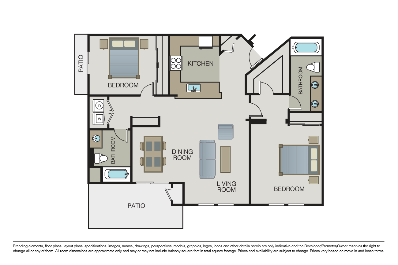 Floor plan for 2 beds, 2 baths, 1316 sqft