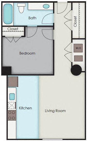 Floor plan for 1 bed, 1 bath, 636 sqft