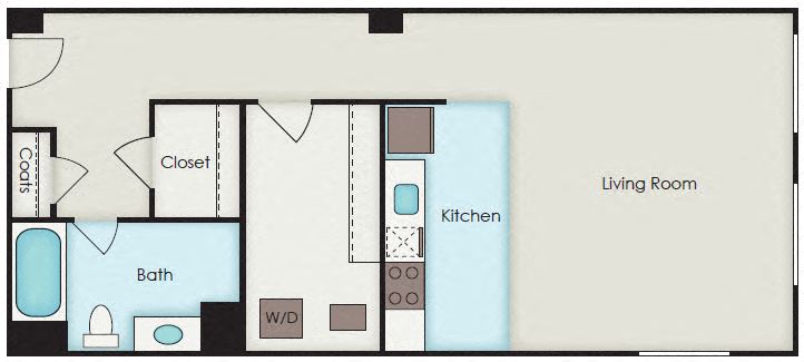 Floor plan for studio, 1 bath, 663 sqft