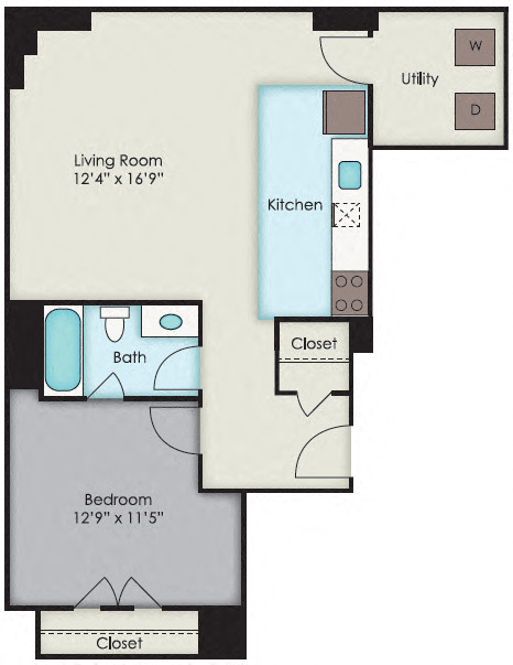 Floor plan for 1 bed, 1 bath, 715 sqft