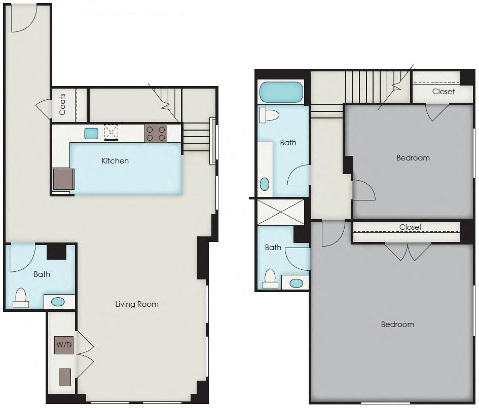 Floor plan for 2 beds, 2.5 baths, 1491 sqft