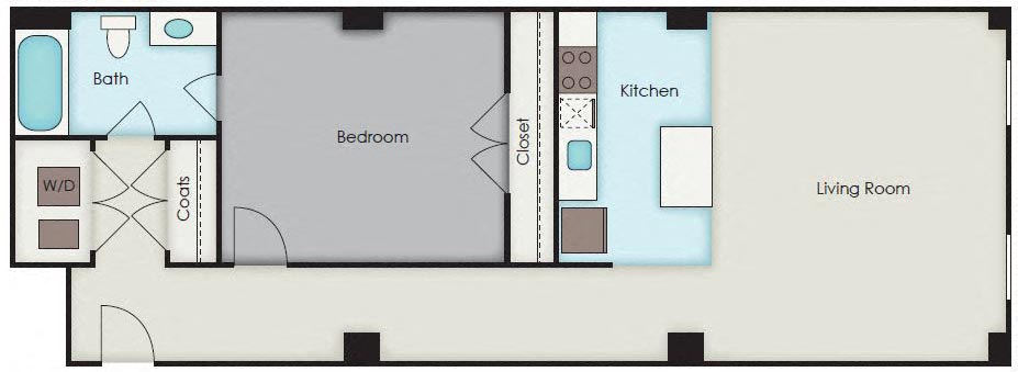 Floor plan for 1 bed, 1 bath, 852 sqft