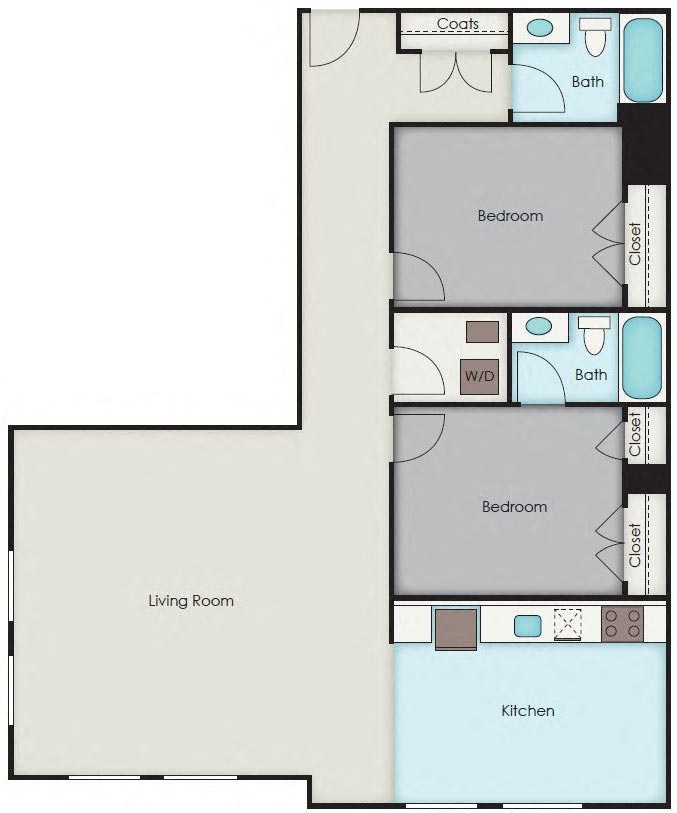 Floor plan for 2 beds, 2 baths, 1205 sqft