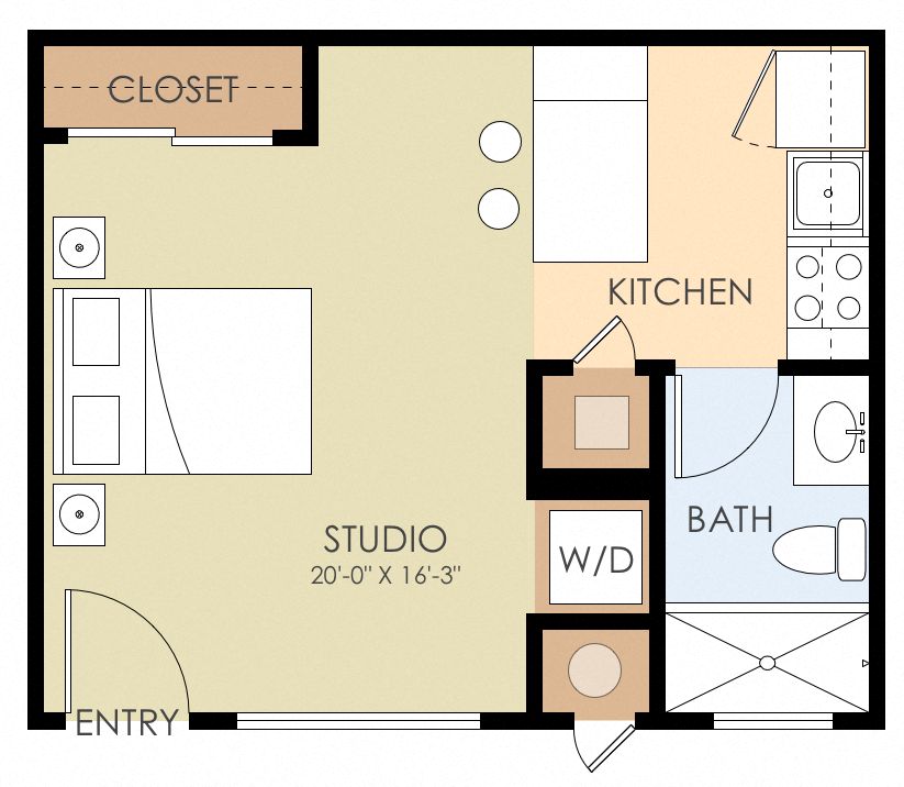 Floor plan for studio, 1 bath, 325 sqft