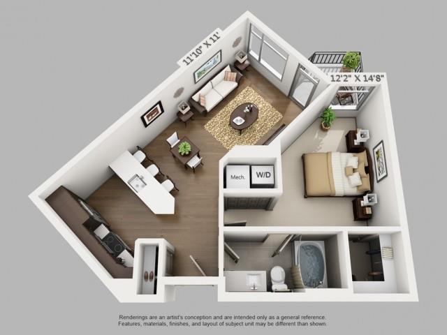 Floor plan for 1 bed, 1 bath, 715 sqft