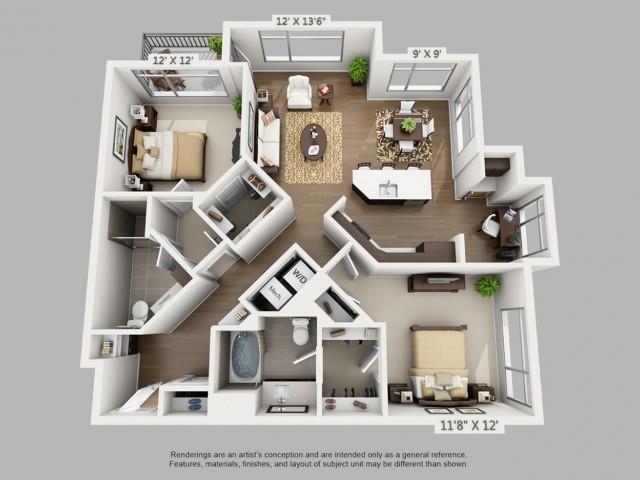 Floor plan for 2 beds, 2 baths, 1263 sqft