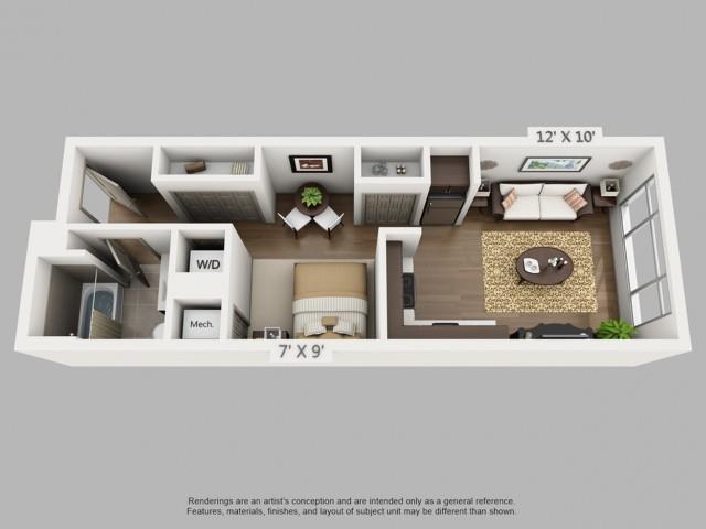 Floor plan for studio, 1 bath, 527 sqft