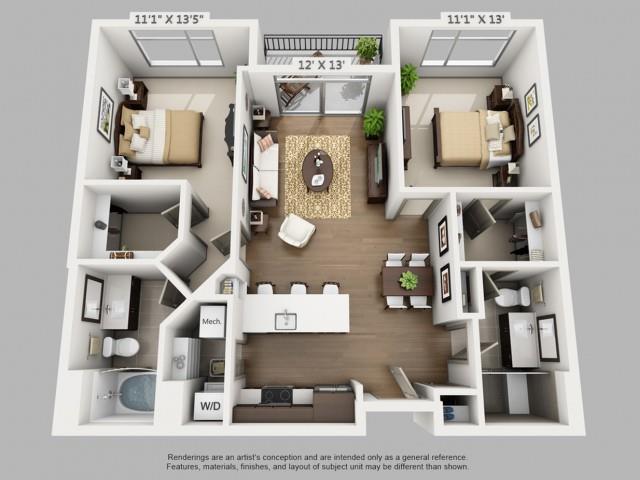 Floor plan for 2 beds, 2 baths, 1098 sqft