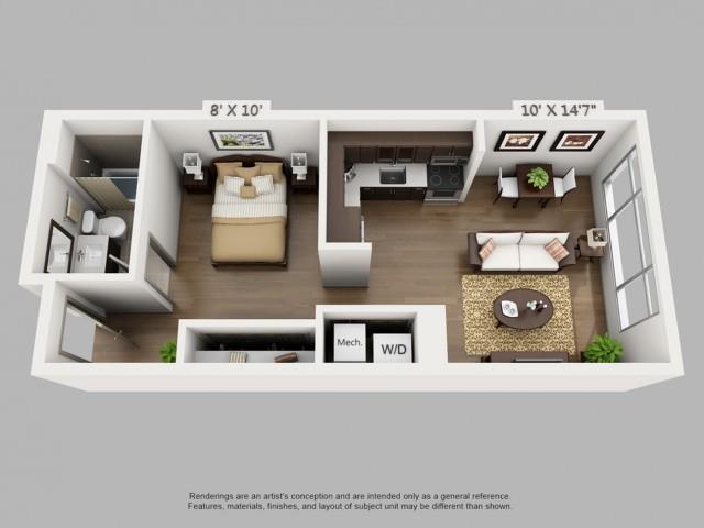 Floor plan for studio, 1 bath, 565 sqft