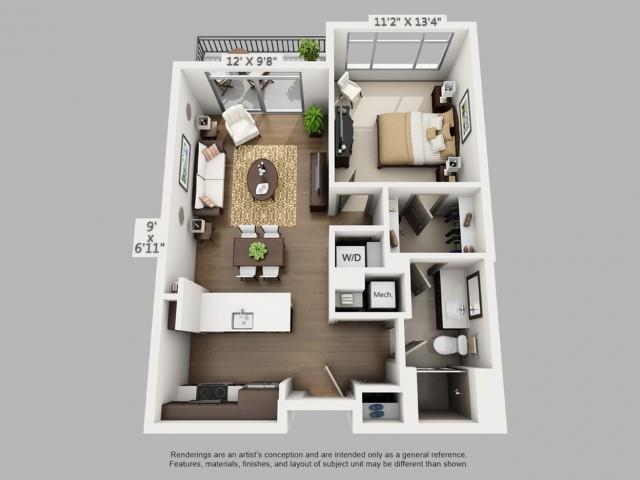 Floor plan for 1 bed, 1 bath, 739 sqft