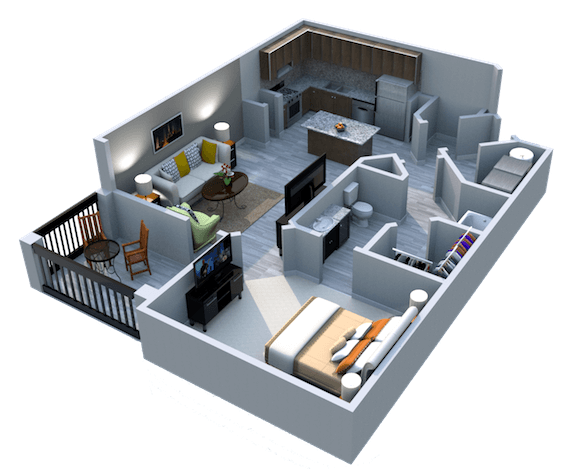 Floor plan for 1 bed, 1 bath, 909 sqft