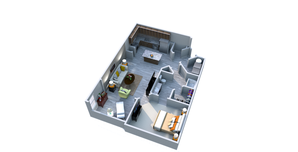 Floor plan for 1 bed, 1 bath, 909 sqft