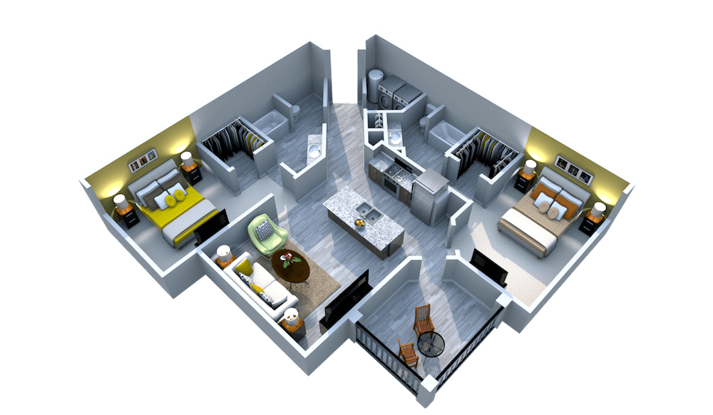 Floor plan for 2 beds, 2 baths, 1270 sqft