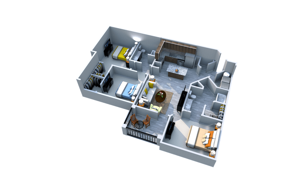 Floor plan for 3 beds, 2 baths, 1398 sqft