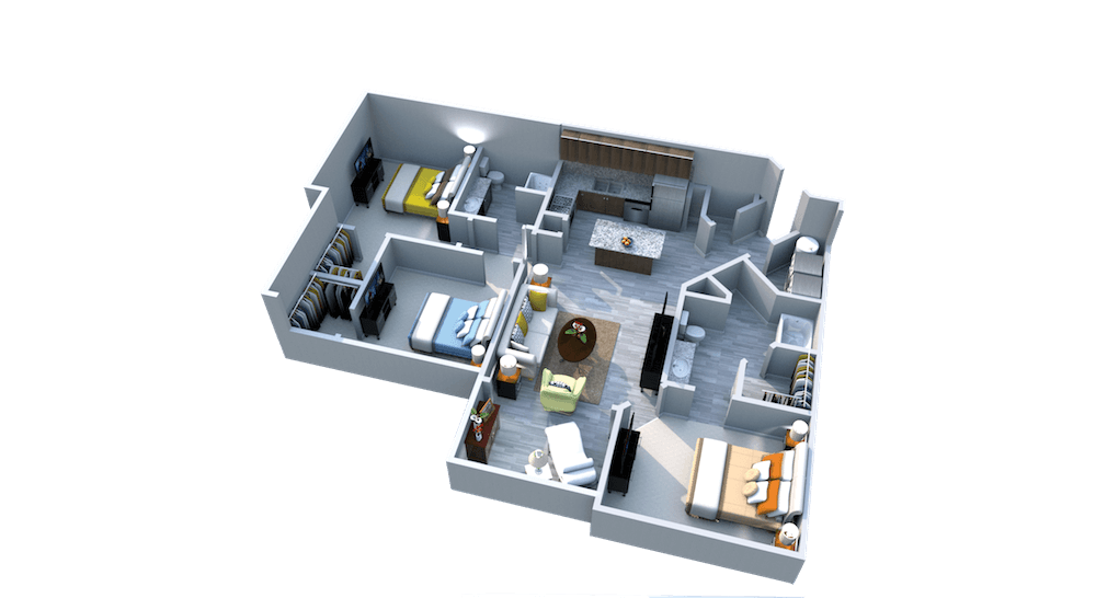 Floor plan for 3 beds, 2 baths, 1398 sqft