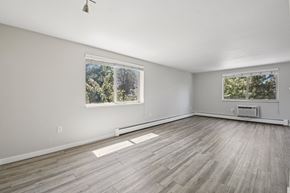 Denver apartment for rent - A spacious room with wooden flooring and two windows.
