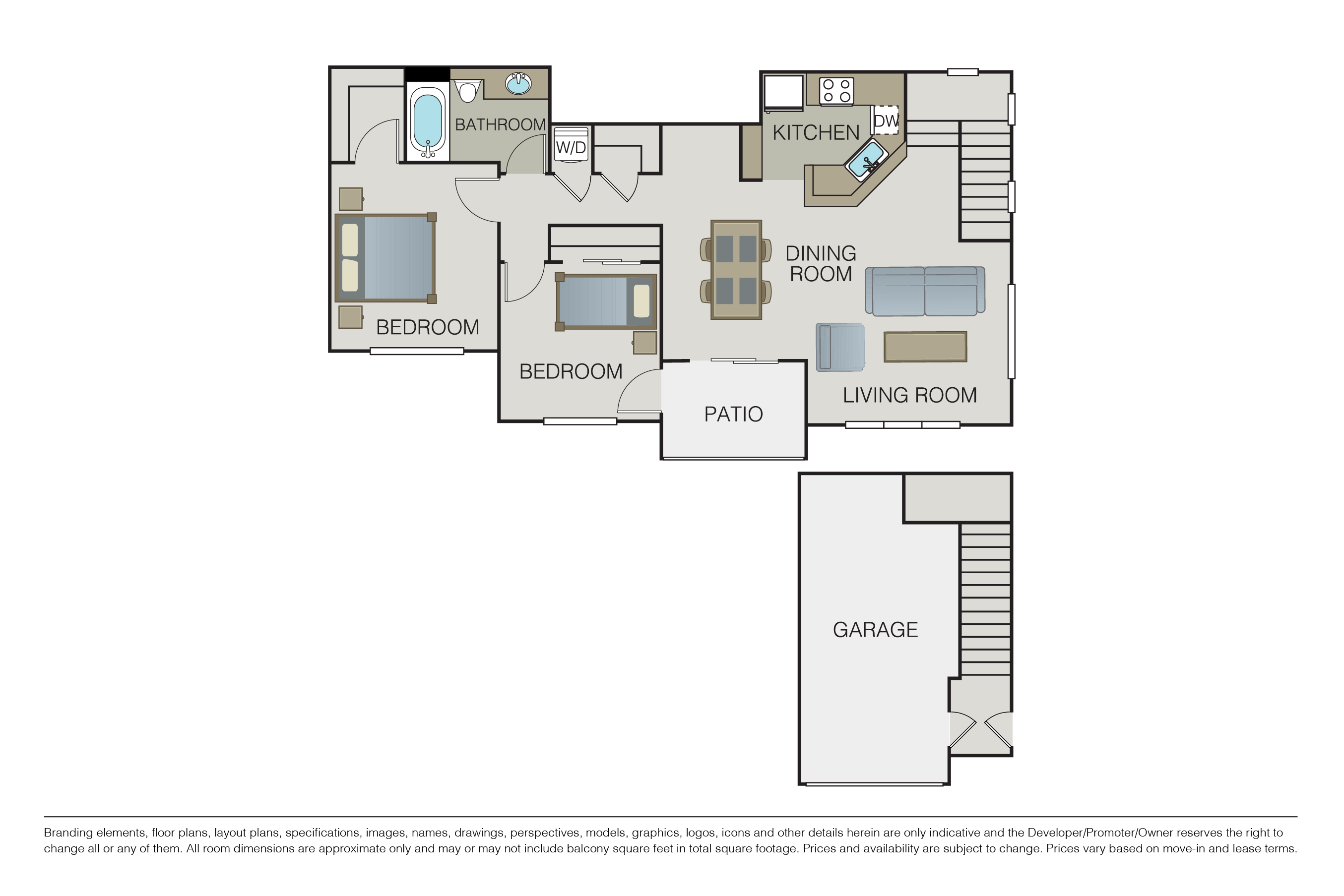 Floor plan for 2 beds, 1 bath, 1051 sqft