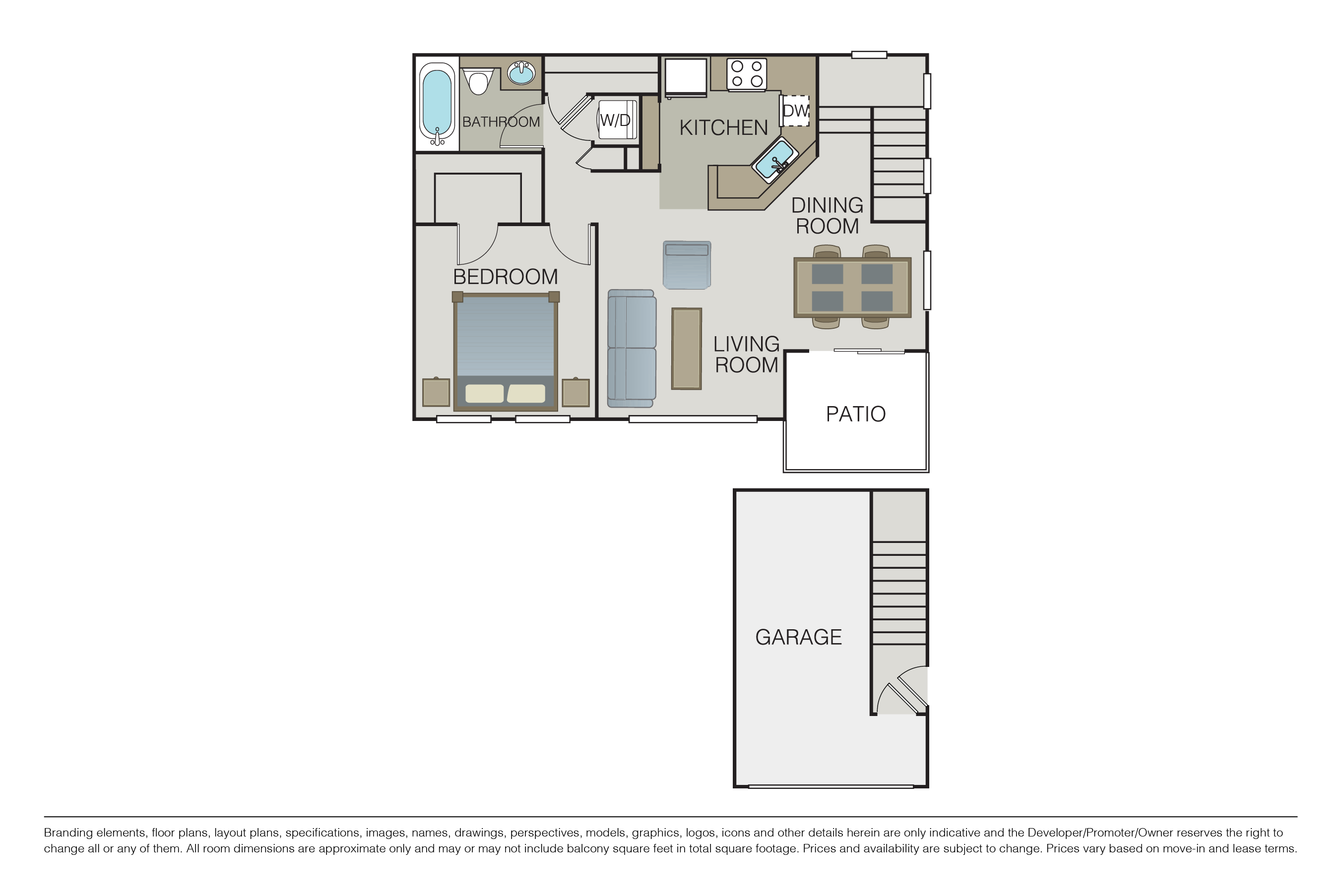 Floor plan for 1 bed, 1 bath, 833 sqft