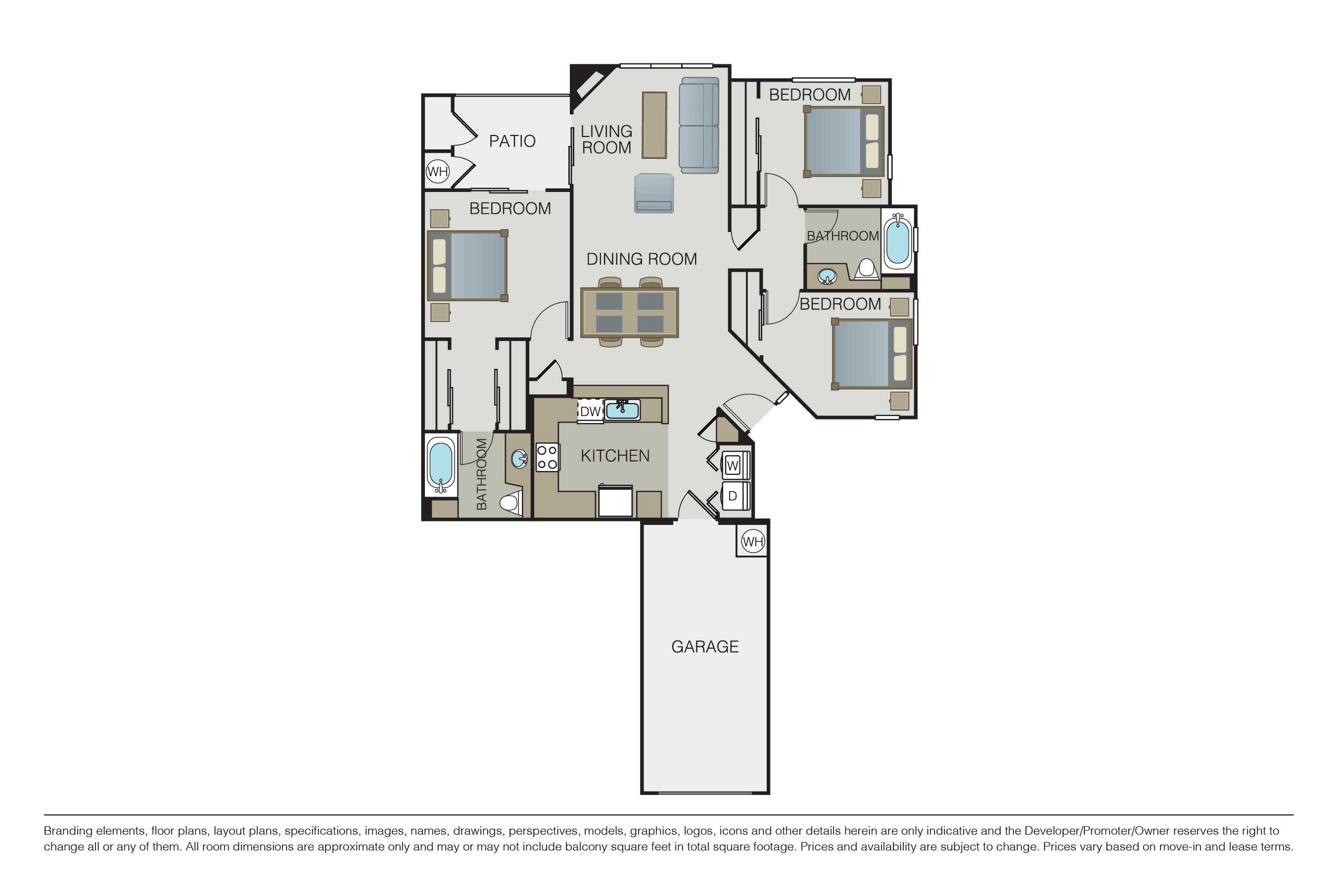 Floor plan for 3 beds, 2 baths, 1406 sqft