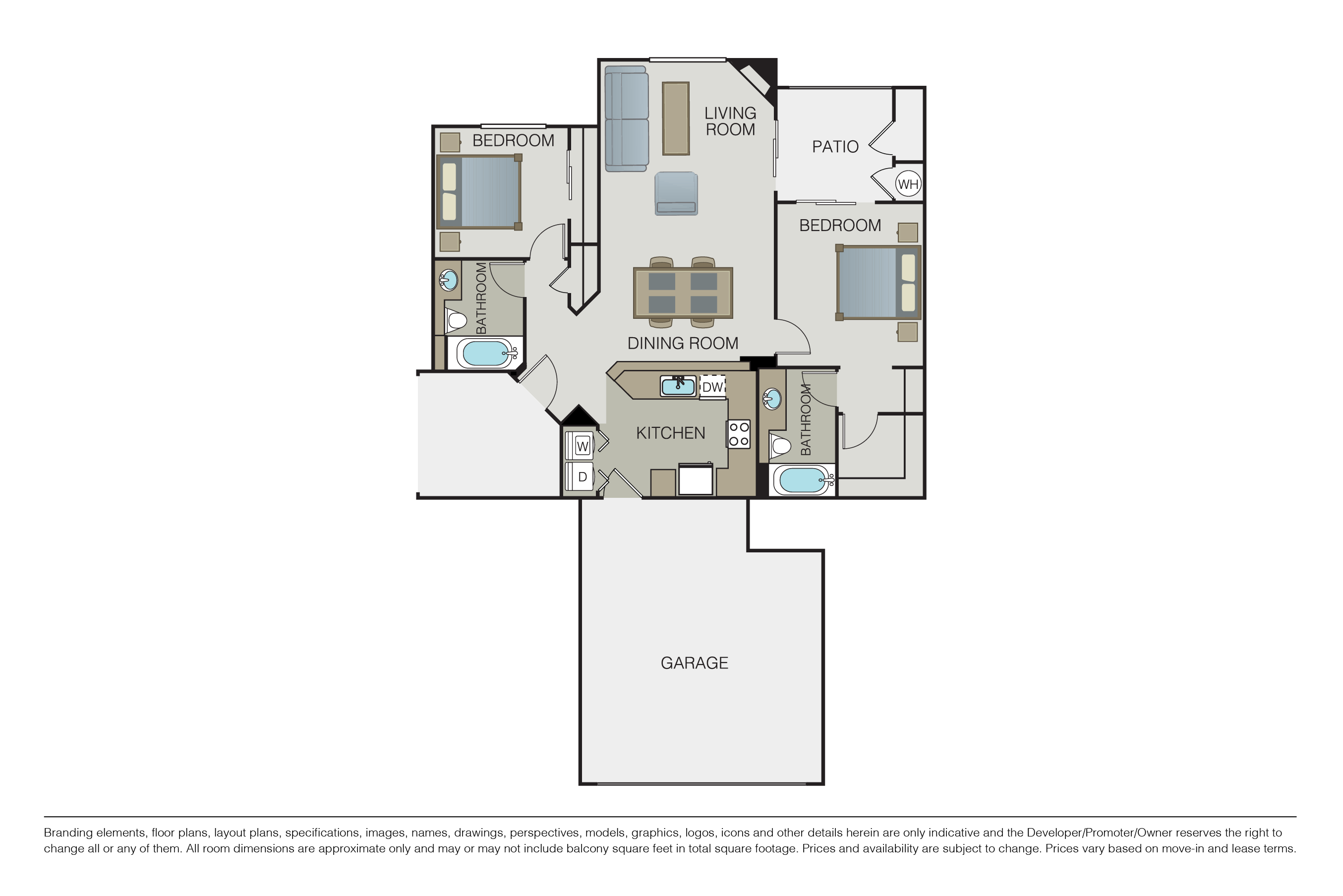 Floor plan for 2 beds, 2 baths, 1294 sqft