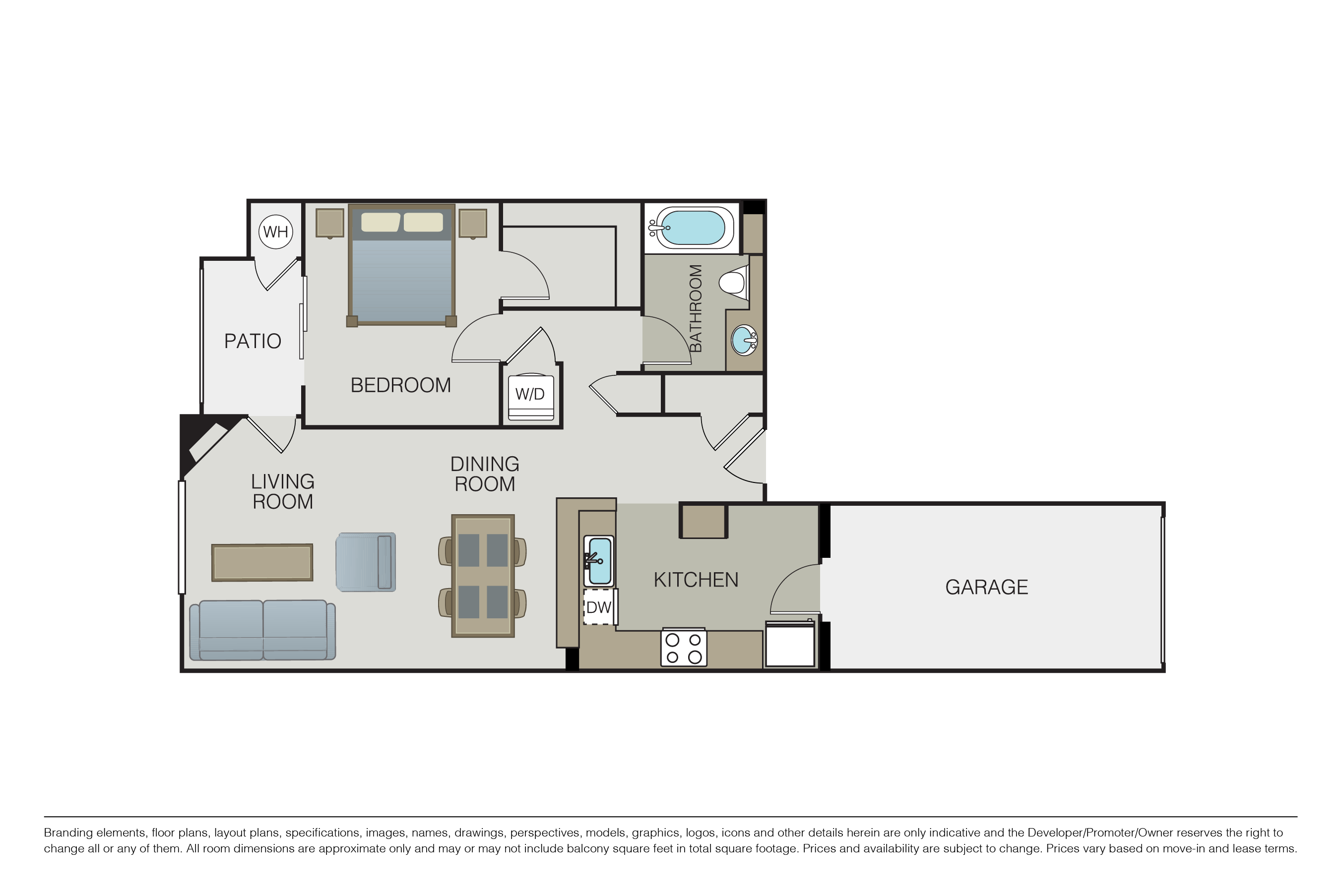 Floor plan for 1 bed, 1 bath, 1003 sqft