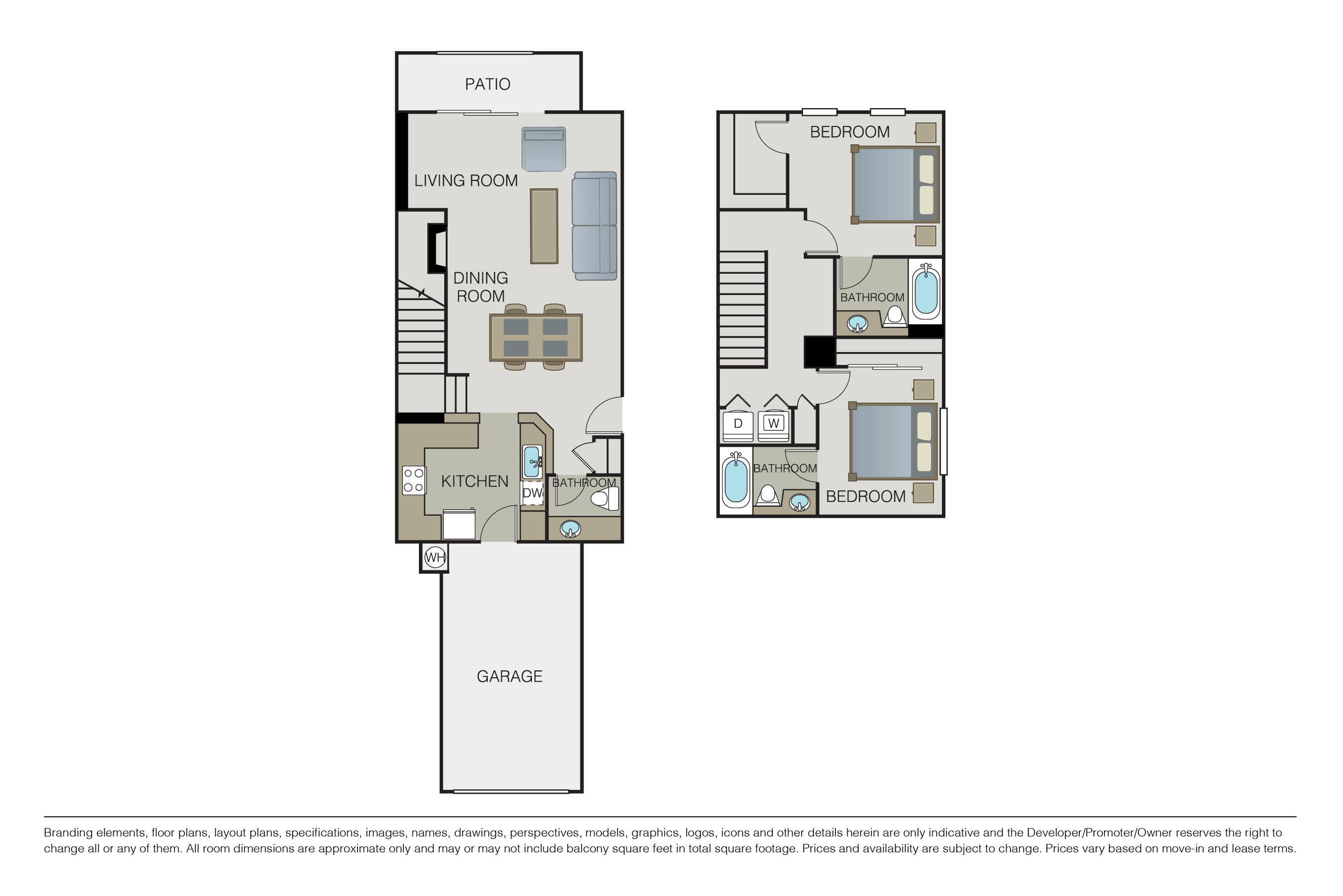 Floor plan for 2 beds, 2.5 baths, 1253 sqft