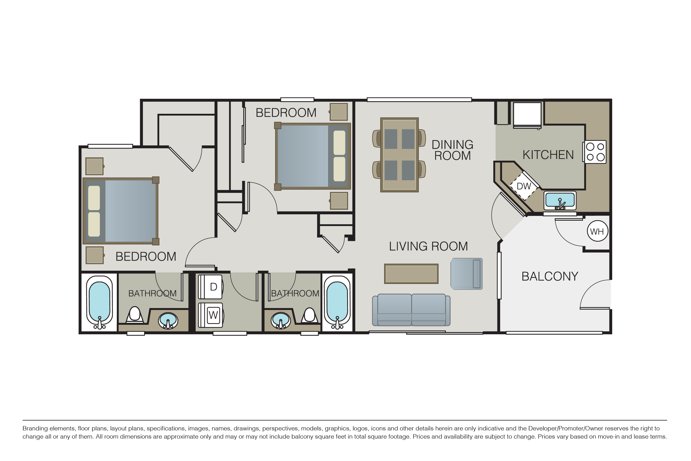 Floor plan for 2 beds, 2 baths, 1178 sqft