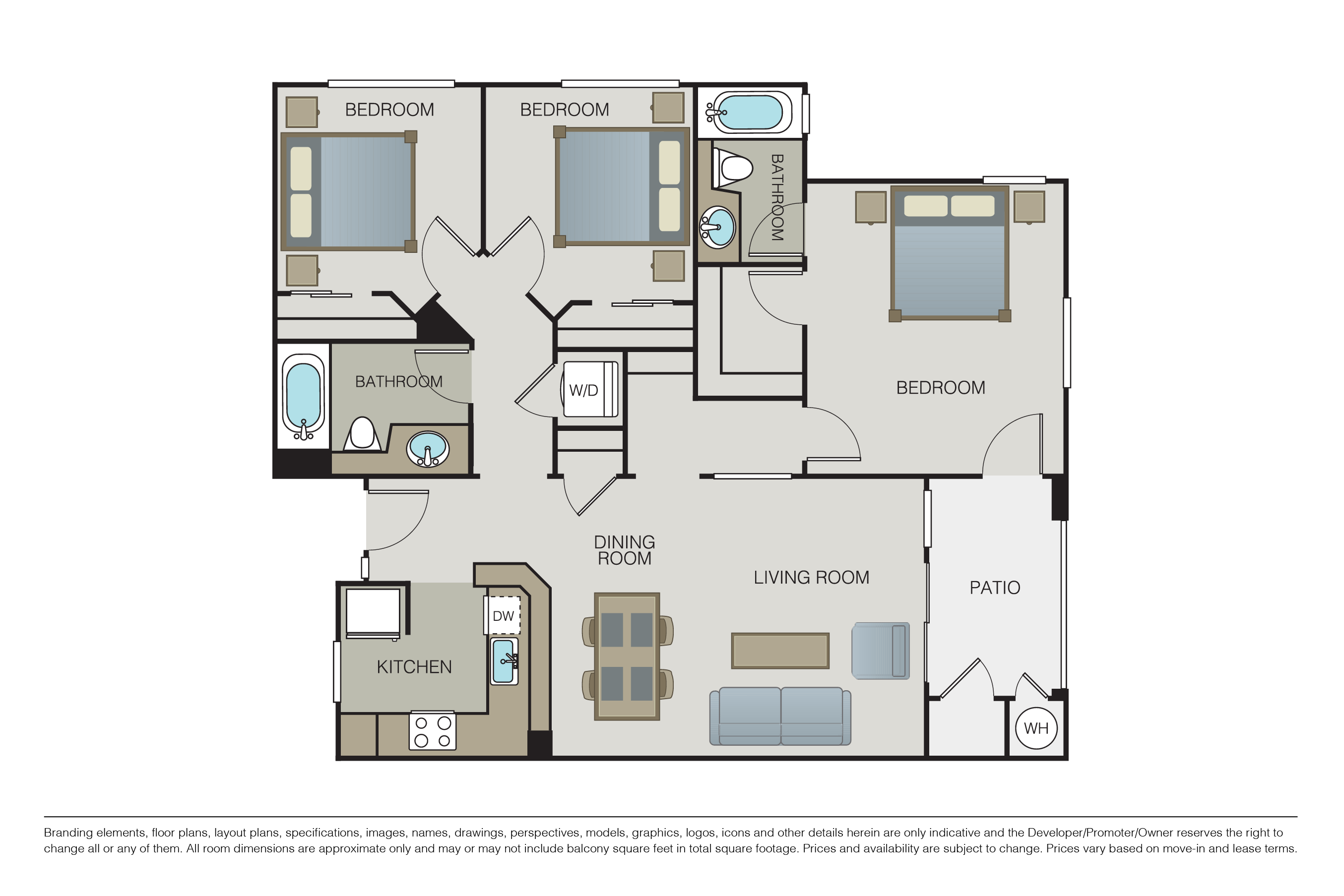 Floor plan for 3 beds, 2 baths, 1264 sqft
